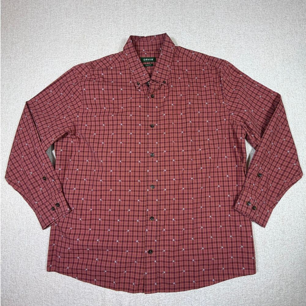 Orvis Active Fit Mens XL Orange Plaid Long Sleeve Casual Geese Outdoor Shirt